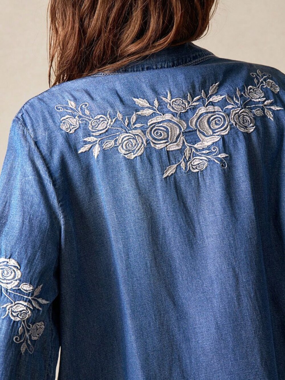 Blue Boho Women's Denim Embroidered Long Sleeve Shirt - Picture 5 of 6
